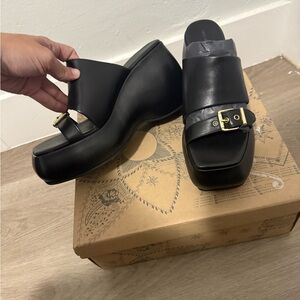Free People Black Leather Mules with Buckle